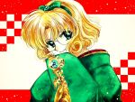  1990s_(style) 1girl bow_hairband clamp_(style) fukujaku green_eyes green_kimono hairband hououji_fuu japanese_clothes kimono magic_knight_rayearth retro_artstyle round_eyewear short_hair solo 