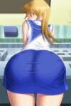  1girl amphitheater ass bent_over blonde_hair blue_skirt bonnie_(rsg) brown_eyes duel_academy_uniform_(yu-gi-oh!_gx) hair_between_eyes long_hair looking_at_viewer looking_back miniskirt pencil_skirt shiny shiny_hair shiny_skin shirt skirt sleeveless sleeveless_shirt solo straight_hair tenjouin_asuka thigh_gap white_shirt yu-gi-oh! yu-gi-oh!_gx 