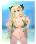  1girl ahoge animal_ears bare_shoulders bikini blonde_hair breasts commentary food_print hair_ornament hairclip hololive horns large_breasts long_hair navel off_shoulder purple_eyes sheep_ears sheep_girl sheep_horns solo swimsuit symbol-only_commentary tilt-shift tsunomaki_watame very_long_hair virtual_youtuber watermelon_print 
