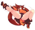  1girl ankle_boots ankle_cuffs black_panties boots breasts brown_eyes brown_hair china_dress chinese_clothes clenched_hand commentary detached_sleeves dress flying_kick full_body guilty_gear guilty_gear_xrd hair_ornament hair_rings hair_tubes hairclip impossible_clothes impossible_dress kicking kneepits kung_fu kuradoberi_jam lace-trimmed_panties lace_trim large_breasts legs long_hair long_sleeves orange_dress orange_footwear panties pantyshot rtil solo thick_thighs thighs underwear upskirt very_long_hair wide_sleeves 