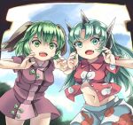  2girls animal_ears aqua_hair brown_dress buttons cloud_print cowboy_shot curly_hair dog_ears dress green_eyes green_hair heart horns houshiruri kariyushi_shirt kasodani_kyouko komainu komano_aunn leaning_forward long_hair midriff multiple_girls navel open_clothes open_mouth open_shirt red_shirt shirt short_hair short_sleeves shorts shouting single_horn standing touhou unbuttoned unbuttoned_shirt white_shorts 