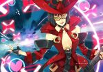  1girl black_hair breasts cleavage electric_guitar guilty_gear guilty_gear_xrd guitar hat i-no instrument makeup red_headwear short_hair sunglasses tinted_eyewear witch_hat 