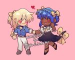  1boy 1girl alternate_costume alternate_hairstyle alternate_skin_color asuka_r_kreutz blonde_hair blue_hair blush casual chibi couple dark-skinned_female dark_skin dizzy_(guilty_gear) dress guilty_gear holding_hands husband_and_wife ky_kiske long_hair pants ribbon self_upload yellow_ribbon 