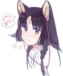  1girl animal_ears arknights black_eyes black_hair braid chinese_commentary closed_mouth commentary_request dog_ears earbuds earphones eyebrows_visible_through_hair facial_mark forehead_mark heart japanese_clothes kemono_(fukanasumi) kimono light_blush long_hair looking_at_viewer microphone saga_(arknights) simple_background single_braid smile solo sora_(arknights) upper_body white_background 