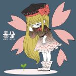  1girl blonde_hair bow bowtie fusion gradient_dress hat hat_ribbon lily_black lily_white long_hair petals red_ribbon ribbon shoes solo sprout touhou white_footwear wide_sleeves yellow_eyes yt_(wai-tei) 