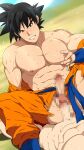  2boys abs bara bare_pectorals bare_shoulders blush censored clenched_teeth dougi dragon_ball dragon_ball_z grabbing highres imminent_penetration large_pectorals male_focus mature_male mazjojo mosaic_censoring multiple_boys muscular muscular_male nipples off_shoulder open_clothes open_shirt pants pectoral_grab pectorals penis reward_available self_fondle shirtless short_hair solo_focus son_goku stomach sweat teeth torn_clothes torn_pants 