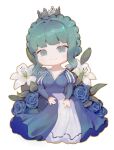  1girl artist_name blue_dress braid chibi clivenzu closed_mouth commission crown crown_braid dress english_text flower green_eyes green_hair juliet_sleeves long_dress long_sleeves looking_at_viewer original puffy_sleeves simple_background smile solo v-neck white_background white_flower 