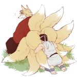 2boys animal_ears blonde_hair blush couple dougi extra_tails fluff fluffy forked_eyebrows fox fox_boy fox_ears fox_tail furrification furry furry_with_non-furry headband interspecies ken_masters male_focus multiple_boys ryu_(street_fighter) short_hair sitting street_fighter tail thick_eyebrows toned toned_male yaoi younger yuiofire 