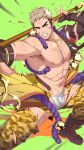  1boy abs absurdres armpit_peek bara bare_pectorals boots bulge camouflage camouflage_pants character_request chest_hair demon_x_eater expressive_clothes facial_hair facial_mark fighting_stance foot_out_of_frame forehead_mark fundoshi highres holding holding_polearm holding_weapon japanese_clothes large_pectorals leather leather_boots male_focus male_underwear mature_male mazjojo muscular muscular_male navel navel_hair nipples over_shoulder pants pectorals polearm priest reward_available short_hair sideburns single_bare_shoulder single_sleeve smile solo stomach stubble thick_thighs thighs torn_clothes torn_pants underwear weapon weapon_over_shoulder white_male_underwear yellow_pants 