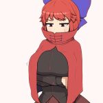  1girl black_shirt blue_bow blush bow breast_conscious breasts camp_of_hunger cape cloak commentary crossed_arms hair_bow high_collar huge_breasts long_sleeves miniskirt red_cape red_cloak red_eyes red_hair red_skirt sekibanki shirt short_hair skirt solo sweatdrop touhou 