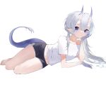  1girl artist_name breasts expressionless gym_shorts highres horns long_hair looking_at_viewer nicoillu oni_horns original purple_eyes scales shirt shorts small_breasts solo tail twitter_username white_background white_hair white_shirt 