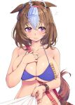  ahoge areola_slip areolae bag between_breasts blush breasts brown_hair collarbone commentary_request covered_nipples fingernails handbag headband highres horse_girl horse_tail kntrs_(knyrs) large_breasts medium_hair meisho_doto_(umamusume) multicolored multicolored_hair purple_eyes shirt_tucked_in simple_background swimsuit tail umamusume white_background 
