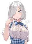  1girl artist_name blue_eyes blush breasts buttons collared_shirt dated hair_ornament hair_over_one_eye hairclip hamakaze_(kancolle) highres kantai_collection kobeya_uniform large_breasts one-hour_drawing_challenge open_mouth rokuwata_tomoe shirt short_hair short_sleeves signature silver_hair solo twitter_username upper_body white_shirt 