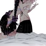  2girls akemi_homura ayumaru_(art_of_life) bed_sheet black_hair black_skirt blanket bow bra commentary_request frilled_panties frills hair_bow hand_on_another&#039;s_back hand_on_another&#039;s_shoulder holding kaname_madoka kneeling long_hair mahou_shoujo_madoka_magica medium_hair multiple_girls navel panties pink_hair removing_bra simple_background sitting skirt underwear white_background white_legwear yuri 