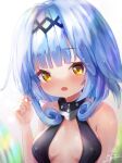 1girl azur_lane bangs blue_hair blunt_bangs blurry breasts cleavage commentary_request depth_of_field eyebrows_visible_through_hair hairband highres looking_at_viewer moemaru nautilus_(azur_lane) playing_with_own_hair short_hair sidelocks signature solo wet wet_clothes yellow_eyes 