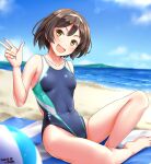  1girl artist_name ball beach beachball blue_sky blue_swimsuit breasts brown_hair cloud cloudy_sky collarbone competition_swimsuit covered_navel dated day forest hair_between_eyes hairband highleg highleg_swimsuit highres horizon island kantai_collection looking_at_viewer nature navel ocean one-piece_swimsuit open_mouth outdoors sand short_hair sky small_breasts smile solo sunlight swimsuit tanikaze_(kancolle) towel tree tsuchimiya v water white_hairband 
