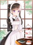  1girl amick_(americanomix) apron bangs black_hair blunt_bangs book closed_mouth cup holding holding_teapot juliet_sleeves light_blush long_hair long_sleeves maid maid_apron maid_headdress original puffy_sleeves purple_eyes solo table teacup teapot twintails upper_body 