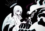  1girl 1other angel angel_wings black_background breasts colored_skin completely_nude eyes_visible_through_hair fate/grand_order fate_(series) greyscale halo high_contrast long_hair monochrome monster nude ophelia_phamrsolone size_difference small_breasts surtr_(fate) syon_ko traditional_media white_hair white_skin wings 