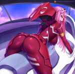  1girl :d arimatang ass bangs blunt_ends bodysuit breasts commentary covered_nipples darling_in_the_franxx english_commentary green_eyes half-closed_eyes highres large_breasts long_hair looking_back naughty_face open_mouth patreon_username pink_hair skin_tight smile solo thighs upper_teeth zero_two_(darling_in_the_franxx) 