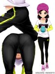  1girl amazima_mangetu artist_name ass ball beanie bent_over black_eyes black_hair black_legwear closed_mouth commentary_request hair_bobbles hair_ornament hat holding holding_ball layered_sleeves leggings long_sleeves looking_at_viewer low_twintails multiple_views navel original pantylines print_shirt purple_footwear purple_headwear shirt shoes short_over_long_sleeves short_sleeves single_horizontal_stripe smile sneakers standing stretch t-shirt twintails white_background white_shirt 