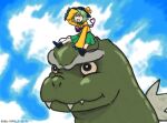  1girl black_headwear blush cloud cloudy_sky collared_shirt crossover eyeball frilled_shirt_collar frilled_sleeves frills godzilla godzilla_(series) green_eyes green_hair green_skirt hat hat_ribbon heart heart_of_string kaijuu komeiji_koishi long_sleeves mima-sama monster on_head open_mouth ribbon sharp_teeth shirt short_hair simple_background skirt sky smile tail teeth third_eye touhou wide_sleeves yellow_ribbon yellow_shirt 