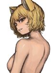  1girl absurdres animal_ears blonde_hair blush breasts chanta_(ayatakaoisii) completely_nude fox_ears highres large_breasts looking_at_viewer looking_back nude short_hair simple_background slit_pupils smile solo touhou upper_body white_background yakumo_ran yellow_eyes 