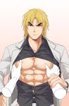  1boy abs absurdres alternate_costume anger_vein bara bare_pectorals black_shirt blonde_hair disembodied_limb forked_eyebrows frown grabbing grey_jacket grey_suit highres jacket ken_masters looking_at_viewer male_focus muscular muscular_male nipples open_clothes open_jacket open_shirt pectoral_grab pectoral_press pectorals pov shirt short_hair solo_focus stomach street_fighter sweatdrop thick_eyebrows upper_body yuiofire 