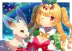  1girl :d ;) argyle argyle_cape azur_lane bangs bell blonde_hair blush bow breasts brown_eyes cape cleavage closed_mouth commentary_request commission crossover dress elbow_gloves eyebrows_visible_through_hair fang fur-trimmed_cape fur-trimmed_gloves fur_trim gen_4_pokemon gloves green_cape green_ribbon hair_bell hair_bow hair_ornament hair_ribbon jenkins_(azur_lane) jenkins_(light_of_the_holiest_star)_(azur_lane) jingle_bell kou_hiyoyo leafeon lens_flare long_hair looking_at_viewer one_eye_closed open_mouth pokemon red_bow red_dress red_eyes red_gloves ribbon skeb_commission small_breasts smile sparkle striped striped_bow two_side_up very_long_hair yellow_bow 