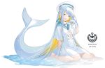  1girl absurdres barefoot blonde_hair blue_eyes blue_hair colored_inner_hair commentary dolphin_girl dolphin_tail dress full_body gloves highres long_hair looking_at_viewer multicolored_hair open_mouth original shio_(oxstl) short_sleeves simple_background sitting smile tail very_long_hair wariza water white_background white_dress white_gloves white_headwear 