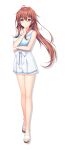  1girl ahoge alpha_(yukai_na_nakamatachi) ayase_aisa bangs blue_ribbon brown_eyes brown_hair collarbone collared_shirt eyebrows_visible_through_hair floating_hair full_body game_cg hair_between_eyes hair_ornament hairclip highres long_hair looking_at_viewer miniskirt neck_ribbon official_art open_mouth pleated_skirt ponytail ribbon sailor_collar sailor_shirt sandals shiny shiny_hair shirt skirt sleeveless sleeveless_shirt solo sousaku_kanojo_no_renai_koushiki standing tachi-e transparent_background very_long_hair white_sailor_collar white_shirt white_skirt 