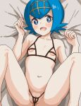  1girl alternate_costume bangs bed_sheet blue_eyes blue_hair blush_stickers bright_pupils clitoris_peek collarbone commentary_request eyelashes from_above hairband hands_up highres lana_(pokemon) looking_at_viewer lying navel no_sclera on_back open_mouth pokemon pokemon_(game) pokemon_sm sheet_grab short_hair smile solo spread_legs tamaya tongue white_pupils yellow_hairband 