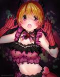  1girl asymmetrical_wings bat_wings black_horns bow bowtie breasts brown_hair cleavage eyebrows_visible_through_hair gloves hair_between_eyes hands_up highres horns koizumi_hanayo looking_at_viewer love_live! love_live!_school_idol_project medium_breasts midriff nakano_maru navel open_mouth purple_neckwear red_gloves short_hair solo striped teeth twitter_username upper_teeth vertical-striped_gloves vertical_stripes wings 