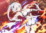  1girl absurdres bangs bare_shoulders blue_eyes blue_fire boots breasts cleavage closed_mouth fire flaming_sword flaming_weapon hair_between_eyes hair_ornament highres holding holding_sword holding_weapon honkai_(series) honkai_impact_3rd huge_filesize kiana_kaslana kiana_kaslana_(herrscher_of_flamescion) long_hair looking_at_viewer phantom_racher ponytail smile solo sword thigh_boots thighhighs v-shaped_eyebrows weapon white_hair 