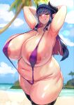  1girl absurdres areolae armpits arms_up beach belly big_belly black_legwear blue_hair blush breasts cloud cloudy_sky cor369 demon_girl fat gigantic_breasts green_eyes groin highres horns huge_filesize licking_lips multicolored_hair navel ocean original palm_tree pink_hair plump pointy_ears sky slingshot_swimsuit smile solo sweat sweating_profusely swimsuit thick_thighs thighhighs thighs tongue tongue_out tree two-tone_hair 