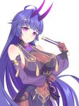  1girl absurdres antenna_hair arm_under_breasts bangs bare_shoulders breasts china_dress chinese_clothes chopsticks cleavage dress hair_between_eyes hair_ornament highres holding holding_chopsticks honkai_(series) honkai_impact_3rd horns long_hair open_mouth phantom_racher purple_dress purple_eyes purple_hair purple_sleeves raiden_mei raiden_mei_(herrscher_of_thunder) sleeveless sleeveless_dress solo teeth white_background 