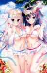  2girls ahoge bangs bare_shoulders bikini black_hair blue_eyes blue_flower blue_rose blurry blurry_background breasts cleavage collarbone commentary_request day depth_of_field eyebrows_visible_through_hair flower flower_wreath frilled_bikini frills hair_between_eyes hand_up head_wreath heart_ahoge highleg highleg_bikini highres holding_hands interlocked_fingers jacket long_hair medium_breasts multiple_girls nail_polish navel off_shoulder open_clothes open_jacket original outdoors palm_tree pink_flower pink_rose red_nails rose see-through shiromochi_sakura swimsuit tree two_side_up untied untied_bikini very_long_hair white_bikini white_flower white_hair white_rose 