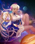  1girl :d bare_legs blonde_hair breasts choker dark-skinned_female dark_skin elbow_gloves giant giantess gloves highres hololive hololive_english large_breasts long_hair low_twintails open_mouth planet planet_hair_ornament ribbon sagta_panggang sideboob smile solo space space_print starry_sky_print tsukumo_sana twintails very_long_hair virtual_youtuber yatagarasu_(tsukumo_sana) yellow_eyes 