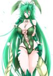  1girl animal_ears bangs bare_legs braid breasts claws cleavage closed_mouth cross-laced_clothes detached_collar dragon_girl dragon_horns dragon_tail eyebrows_visible_through_hair g_(genesis1556) green_eyes green_leotard green_panties heterochromia highres horns jewelry karutia_(g_(genesis1556)) large_breasts leotard long_hair looking_at_viewer monster_girl navel original panties pendant playboy_bunny rabbit_ears red_eyes simple_background smile solo standing tail thighs twin_braids underwear very_long_hair white_background wrist_cuffs 