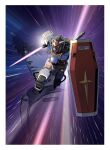  1boy beam_saber brown_hair daryl_lorenz gundam gundam_thunderbolt highres holding holding_shield holding_sword holding_weapon looking_ahead mecha mobile_suit official_art ohtagaki_yasuo perfect_gundam_(thunderbolt) projected_inset science_fiction shield solo_focus space sword v-fin weapon yellow_eyes 