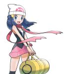  1girl :d bag beanie blue_eyes blue_hair blush bracelet commentary_request dated dawn_(pokemon) duffel_bag eyelashes floating_hair floating_scarf hair_ornament hairclip hat holding holding_bag jewelry long_hair miniskirt open_mouth over-kneehighs pink_scarf pink_skirt pokemon pokemon_(game) pokemon_dppt scarf shiny shiny_skin shirt skirt sleeveless sleeveless_shirt smile solo thighhighs tongue white_headwear yamane_(viq4201) yellow_bag 