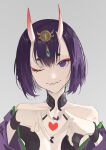  1girl breasts fang fang_out fate/grand_order fate_(series) heart heart_hands highres horns jewelry makeup one_eye_closed oni oni_horns purple_eyes purple_hair revealing_clothes short_hair shuten_douji_(fate) simple_background skin-covered_horns small_breasts solo yeyuanqianqianqian 