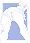  1girl ass bangs blue_theme blush cameltoe closed_eyes commentary crotch_seam from_behind hands_on_own_knees healin&#039;_good_precure highres leaning_forward looking_at_viewer looking_back miyagoe_yoshitsuki monochrome outside_border panties precure sawaizumi_chiyu shirt short-stop short_hair short_sleeves smile solo standing swept_bangs t-shirt underwear 