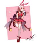  1girl absurdres animal_ears bangs black_gloves border closed_mouth fox_ears full_body fz_ruoye gloves hair_between_eyes heart highres holding holding_wand honkai_(series) honkai_impact_3rd leg_up long_sleeves looking_at_viewer pink_background pink_eyes pink_footwear pink_hair pink_legwear short_sleeves side_ponytail solo standing standing_on_one_leg striped striped_legwear theresa_apocalypse theresa_apocalypse_(sakura_rondo) tongue tongue_out wand 