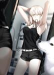  1girl absurdres armpits arms_behind_head arms_up artoria_pendragon_(fate) bangs bare_shoulders black_camisole black_ribbon black_shorts blonde_hair breasts camisole cavall_the_2nd cleavage collarbone dog fate/grand_order fate_(series) foo_(pixiv54892036) hair_ribbon highres jet_black_king_of_knights_ver._shinjuku_1999 jewelry long_hair looking_at_viewer mirror necklace reflection revision ribbon saber_alter short_shorts shorts sidelocks small_breasts thighs tying_hair yellow_eyes 