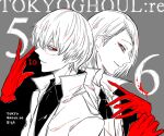  2boys adjusting_clothes adjusting_gloves awara_kayu bangs black_reaper black_shirt collared_shirt commentary_request copyright_name from_side furuta_nimura glasses gloves grey_background half-closed_eye hand_up hands_up jacket kaneki_ken male_focus mole mole_under_eye multiple_boys number red_eyes red_gloves shirt smile spot_color tokyo_ghoul tokyo_ghoul:re upper_body 