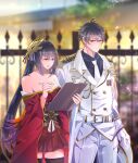  1boy 1girl absurdres ahoge azur_lane bare_shoulders belt black_hair black_shirt blurry blurry_background breasts cleavage coat commander_(azur_lane) commission eyebrows_visible_through_hair feathers glasses gloves gold_trim highres holding holding_notepad holding_pen jacket japanese_clothes kimono large_breasts long_hair mask mask_on_head military military_uniform naval_uniform necktie notepad off-shoulder_kimono open_clothes open_coat outdoors pants pen red_eyes red_kimono red_skirt second-party_source shiny shiny_skin shirt short_hair skirt taihou_(azur_lane) thighhighs uniform very_long_hair white_belt white_coat white_gloves white_jacket white_neckwear white_pants wide_sleeves worufie zettai_ryouiki 