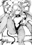  1girl absurdres bare_shoulders betoko blush breasts bridal_gauntlets chair closed_mouth clothing_cutout collarbone covered_collarbone demon_girl demon_horns demon_tail demon_wings fingernails fishnet_legwear fishnets greyscale harigane_shinshi hatching_(texture) heart heart_cutout highres horns long_fingernails long_hair low_wings monochrome navel original pantyhose sharp_fingernails signature sitting solo tail thank_you tongue tongue_out wings 