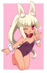  1girl animal_ear_fluff animal_ears bangs bare_shoulders black_leotard blonde_hair blunt_bangs blush border collar covered_navel eyebrows_visible_through_hair flat_chest full_body hand_up heart heart-shaped_pupils highres kneeling leotard masurao_(sekaiju) masurao_2_(sekaiju) naga_u one_eye_closed open_mouth outstretched_arm pink_background playboy_bunny ponytail rabbit_ears red_collar red_eyes sekaiju_no_meikyuu sekaiju_no_meikyuu_5 sidelocks smile solo symbol-shaped_pupils thick_eyebrows v white_border wrist_cuffs 