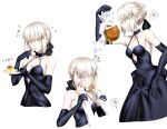  1girl absurdres anger_vein artoria_pendragon_(fate) bangs bare_shoulders black_dress black_gloves black_ribbon blonde_hair braid breasts burger collarbone dress eating elbow_gloves fate/grand_order fate_(series) foo_(pixiv54892036) food fou_(fate) french_braid gloves hair_bun hair_ribbon highres long_hair looking_at_viewer medium_breasts multiple_views plate pudding ribbon saber_alter sidelocks sparkle spoken_anger_vein yellow_eyes 