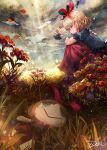  2girls black_shirt blonde_hair blue_eyes cloud cloudy_sky crossed_arms day doll dqn_(dqnww) field flower flower_field flying from_below from_side frown grass hair_ribbon hand_on_own_elbow hugging_own_legs knees_to_chest light_particles light_rays lily_of_the_valley looking_at_another medicine_melancholy multiple_girls on_ground outdoors painterly petals puffy_short_sleeves puffy_sleeves red_skirt ribbon shirt short_hair short_sleeves signature sitting skirt sky su-san sunbeam sunlight touhou water_drop wind wings 